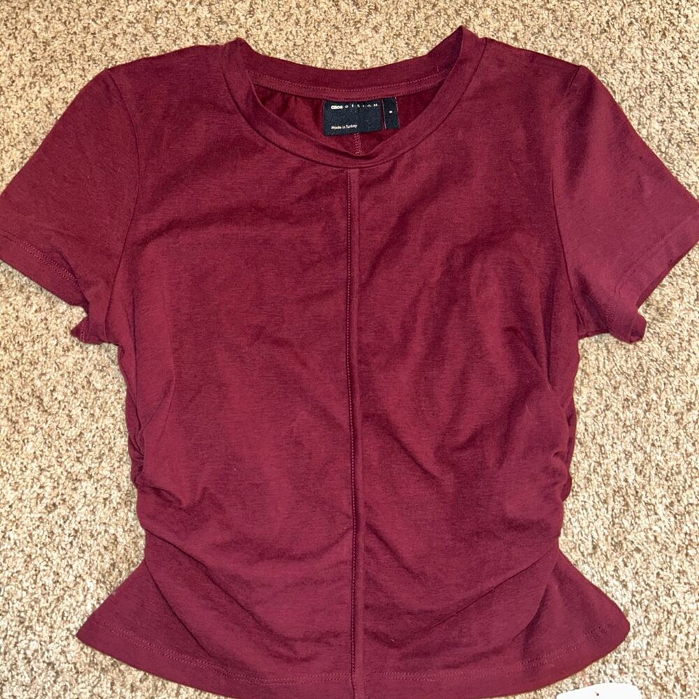 ASOS DESIGN brushed cotton waist detail shrunken tee in burgundy